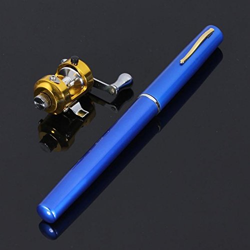 Mintbon Mini Portable Pocket Fish Pen Shape Aluminum Alloy Fishing Rod Pole Reel Combos Blue