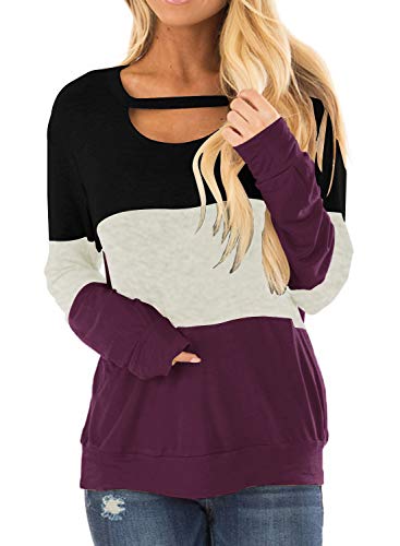 Topstype Women's Color Block Chest Cutout Tunics Long Sleeve Shirts Scoop Neck Blouse Casual Loose Tops Purple