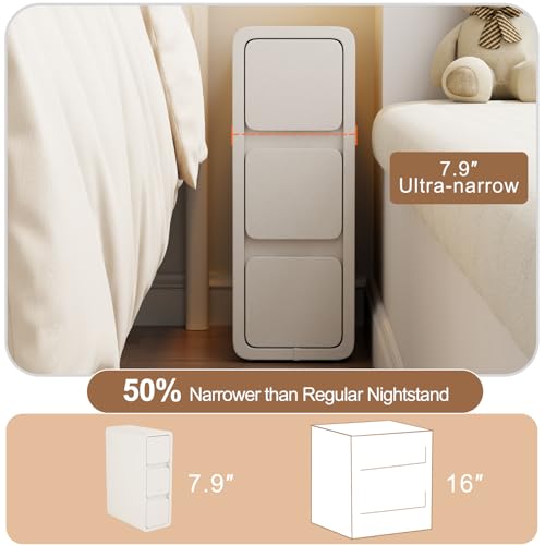 AQIMUELE Narrow Bedside Table with 3 Drawers, No Installation, Leather Surface, Bedside Table for Bedroom Living Room, Width 20cm (White)