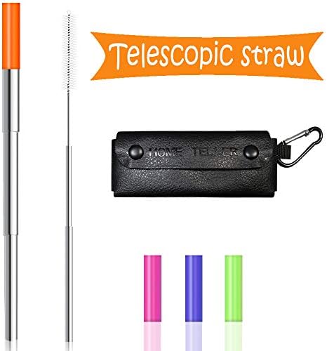 Reusable Collapsible Drinking Straw Stainless Steel Metal Straw Portable Foldable Telescopic Straw with Keychain Silicone Tips Cleaning Brush (Black PU Case)