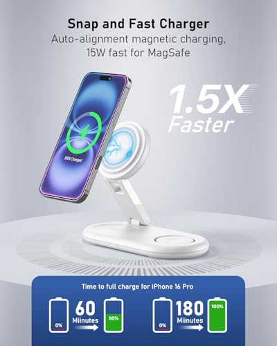 3 in 1 Wireless Charging Station for Apple,Foldable Fast Magnetic Travel Wireless Charger Dock for MagSafe Charger Stand for iPhone 17/16/15/14/13,for Apple Watch,for AirPods