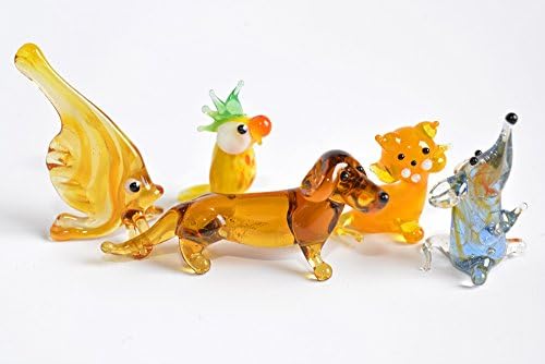 Collection 25. 5 Mini Figurine Glass Dachshund Figurine Glass Parrot Figurine Glass Cat Glass Mouse Glass Fish