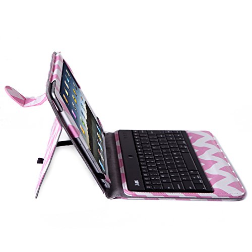 HDE iPad Air Keyboard Case Wireless Bluetooth Leather Folio Cover Folding Stand for Apple iPad Air 1 (5th Generation) Air 2 (6th Generation) (Pink Chevron)