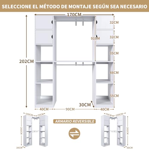 SIMPLE HOGAR Closet Armables para Ropa,Armarios para Ropa se Puede Cambiar Entre ángulo Recto y Esquina,Closet de Madera Está Equipado con 10 Espacios de Almacenamiento,170/W*202/H CM(Blanco)