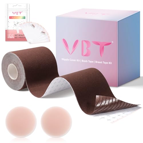 VBT Boob Tape - Breast Lift Tape, Body Tape for Breast Lift w 2 Pcs Silicone Breast Reusable Adhesive Bra, Bob Tape for Large Breasts A-G Cup, Brown
