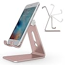 Adjustable Cell Phone Stand, OMOTON Aluminum Desktop Cellphone Stand with Anti-Slip Base and Convenient Charging Port, Fits All Smart Phones, Rose Gold