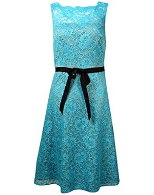 Calvin Klein Women's Belted Illusion V-Back Lace Dress