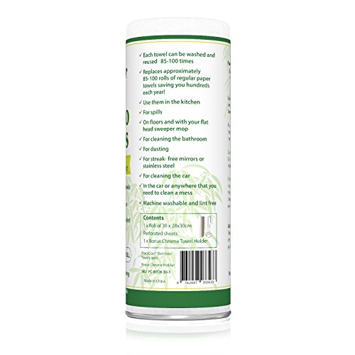 Practicool-Bamboo-Kitchen-Towel-Roll-Friendly-Reusable-White-Washable-30-Sheets-11-x-12-inch-with-bonus-Chrome-Towel-Holder