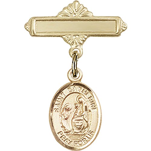 14kt Yellow Gold Baby Badge with St. Catherine of Siena Charm and Polished Badge Pin 1 X 5/8 inches