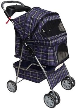 Blue Plaid 4 Wheels Pet Dog Cat Stroller W/raincover