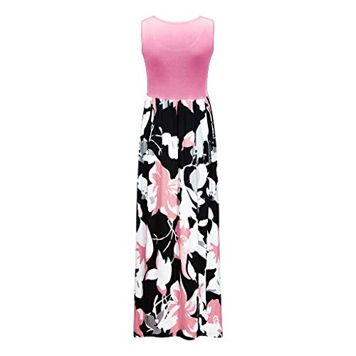 Mysky Fashion Women Summer New Bohemian Floral Print Sleeveless Solid Color Tank Beach Sundress Long Maxi Dress Pink - Thumbnail 4