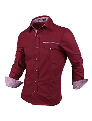 Allegra K Men Single Breasted Long Sleeve Pocket Casual Shirt Burgundy S