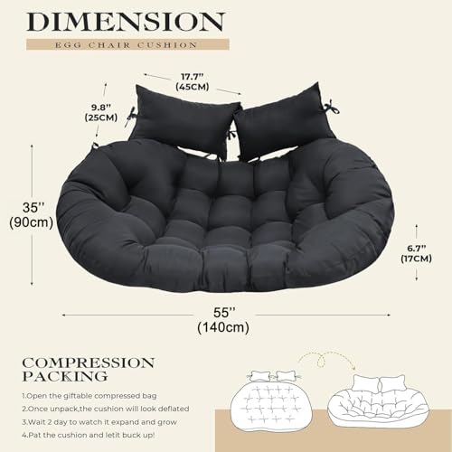 joomie Double Hanging Egg Chair Cushion Replacement Waterproof for Outdoor Patio Basket Egg Chairs, 150x110 cm–2 Seater Premium Thickened 100% Cotton Large Double Eggs Swing Chair Cushions, Black