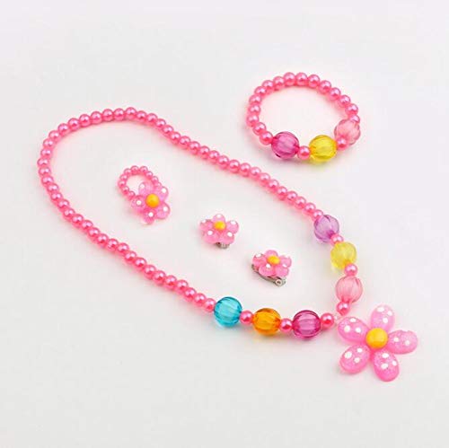 Larcenciel Kids Jewelry Flowers Necklace Bracelet Ring Earring Set Candy Colors Necklaces Children Play Pretend Dress Up (Rose) - Thumbnail 2