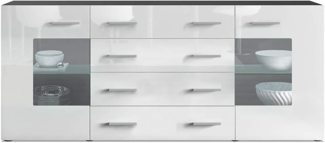 Vladon Sideboard Chest of Drawers Grömitz V2, Carcass in Black matt/Fronts in White High Gloss