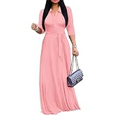 MarryUP Maxi Dresses for Women Casual V Neck 3/4 Sleeve Long Church Dress Semi Formal Outfits with Pockets
