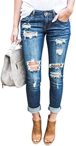 Wollsolo Womens Juniors Distressed Destroyed Ripped Slashed Slit Frayed Skinny Jeans by (Blue-8, X-Large)