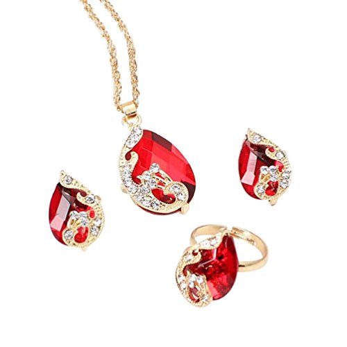 Women Jewelry ,AIMTOPPY Three-piece Peacock Crystal Set Earrings+Pendant Necklace+Adjustable Rings Jewelry Sets (Red)