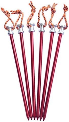 Tripmas 6 Pack Solid Aluminum Tent Stakes with Pull Cords & Pouch, 9" in Length, Red