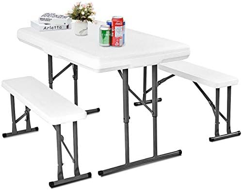 3 Piece Folding Picnic Table with Seats, Portable Adjustable Height Camping Table with Two Benches Set - Patio, Garden, Backyard Outdoor Furniture (White)