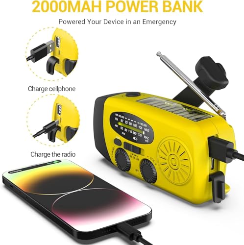 Portable AM/FM Solar Radio with 2000 mAh Rechargeable Battery and Dynamo Crank, USB Port, Rechargeable SOS Alarm/Torch, for Camping, Travelling
