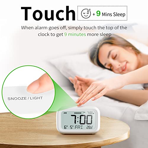 DOOMAY Digital Alarm Clock Bedside - Battery Powered Clock with LCD Display Volume Adjustable Snooze and Weekend Mode for Bedroom Office Desk Travel (White)