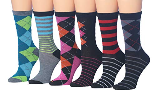 Tipi Toe Women's 12-Pairs Value Pack Argyle & Stripe Colorful Crew Dress Socks, (sock size 9-11) Fits shoe size 5-9, WC44-AB