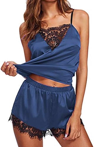 WaiiMak Sexy Women's Lace Sleepwear Satin Short Pajama 2 Piece Lingerie Short Nightwear Set Nightgown