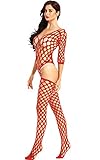 Amoretu Womens Long Sleeves Body Stockings Lingerie Closed Crotch Bodysuit Red