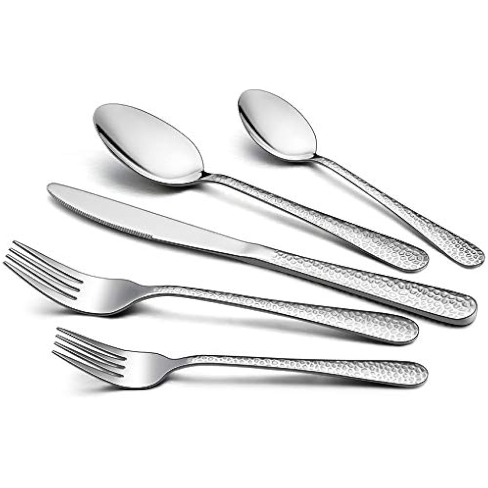 Silverware Flatware Sets For 12, 60Piece Hammered Set, Stainless Steel