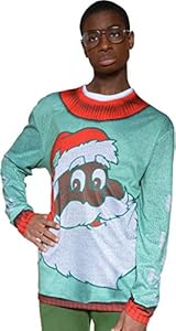 Faux Real Men's Black Santa Ho Ho Ho Ugly Christmas Sweater Printed Tee, Green/Red, Large