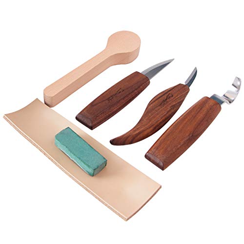 7PCS Wood Carving Knives Set Hook Knife Spoon Carving Tool Soup Spoon Blank Cut Resistant Gloves Leather Strop and Polishing Compound Included