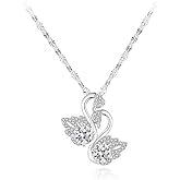 DIAMANTIO 18K Gold Plated Elegant Double Swan Necklace with Cubic Zirconia – Silver-Tone Love Bird Pendant Jewelry for Women