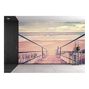 Vintage Toned Wooden Stairs on a Beach. - Removable Wall Mural | Self-Adhesive Large Wallpaper - 66x96 inches