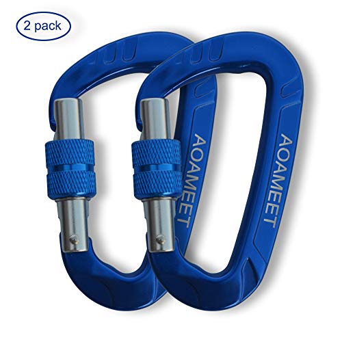 AOAMEET 2pcs Ultra Strength Blue Mini Locking 3" Aluminum Carabiner Clips D Shape(Up to 12 kN), Keychain Clip, Spring Snap Key Chain Clip Hook Screw Gate Buckle