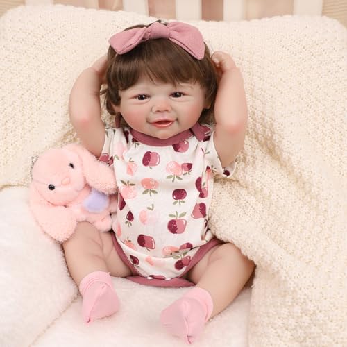 Bebê Reborn Boneca Realista Menina de Silicone Olhos Castanhos Pintado Pode dar Banho (Menina Boneca 48cm)
