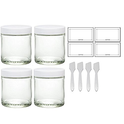 Clear Thick Glass Straight Sided Jar with White Smooth Lids - 4 oz / 120 ml (4 pack) + Spatulas and Labels