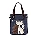YZSKY Women Canvas Handbag Cartoon Cat Big Tote Bag (Dark Blue)