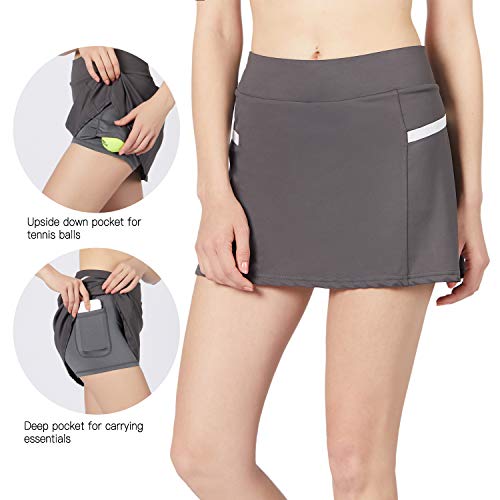 POSHDIVAH Athletic Grey Skorts for Women Pleated Back Girls Tennis Skirts with Pockets Casual Golf skortssize L