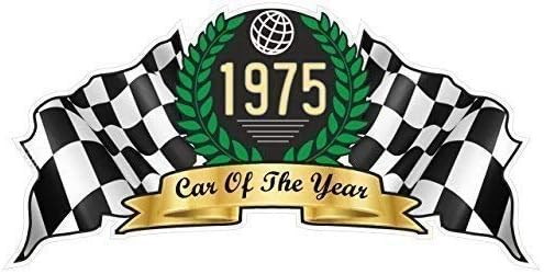 Crest & Scroll With Chequered Flags Motif With ' Car Of The Year 1975 ' Slogan Year Dated Design Retro Novelty Vinyl Car Sticker Decal 100x50mm
