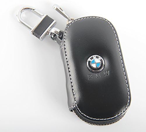 Key chain Bag Genuine Leather Ring Holder Case Car Auto Coin Universal Remote Smart Key cover Fob Alarm Security Zipper keychain Wallet Bag (Black Bmw)