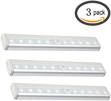 Cooo Stick-on 10 LED PIR Wireless Motion Sensor Light Closet Cabinet Drawer Step Night Light DIY With Magnetic Strip, Battery Powered Bar Lamp - Cool White 3-Pack