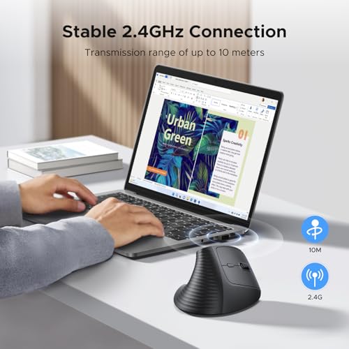 UGREEN Ergonomic Vertical Wireless Mouse, 2.4GHz Connection, 4 Adjustable DPI 4000/2000/1600/1000, 6 Buttons Wireless Mouse, for Office/Home/Study, Compatible with Windows, macOS, iOS, Android, Linux