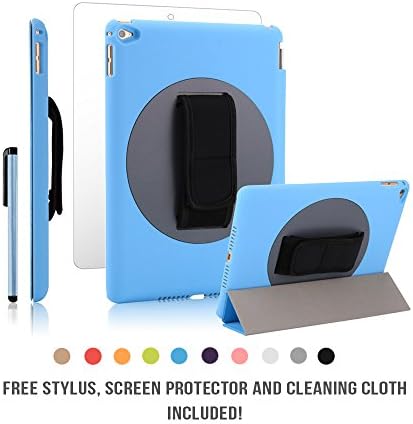 New iPad Air 2 Case 360 Degree Handheld Rotating Case Adjustable Strap by JACKIT Back Cover and Front Smart Wake/Sleep Magnetic Cover FREE Stylus Screen Protector Cloth for Apple iPad Air 2 [Blue]