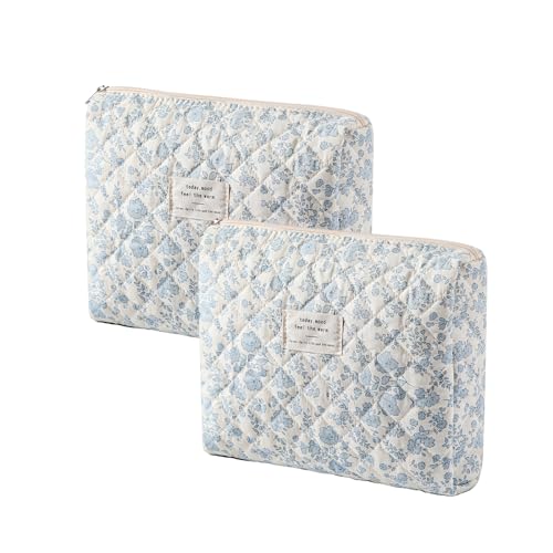 Quilted Cotton Makeup Bag 2Pcs Coquette Cosmetic Bag,Large Soft Floral Travel Toiletry Bag for Women and Girls(05Light Blue)