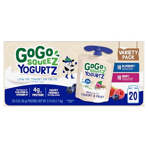 GOGO SQUEEZ YOGURTZ VARIETY PACK, BLUEBERRY & BERRY, 3 OZ (PACK OF 20), KIDS SNACKS MADE FROM REAL YOGURT AND FRUIT, NO FRIDGE NEEDED, GLUTEN FREE, NUT FREE, RECLOSEABLE CAP, BPA FREE POUCHES