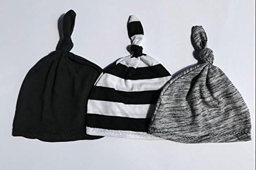 3 Pack Top knot baby hats- Gender neutral Baby Hats by Alltot in Black Stripe, Solid, Gray