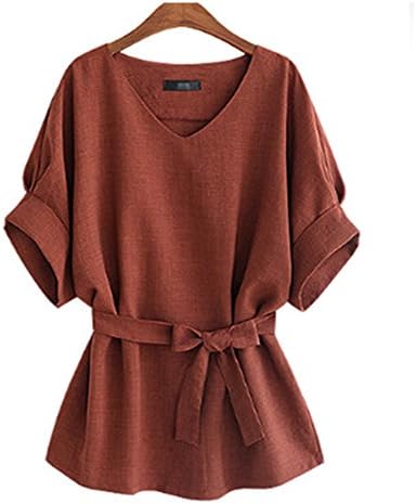 Women Linen Tunic Shirt V Neck Loose Ladies Blouse Plus Size (XXX-Large, Wine)