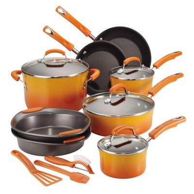 Click Here to See More Images Rachael Ray 15-Piece Kitchen NonStick Hard Enamel Cookware Set Pots Pans -Orange