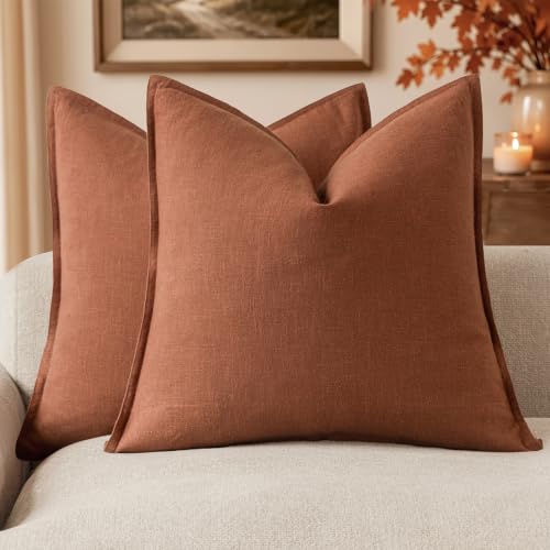 Foindtower Pack of 2, Decorative Linen Soild Throw Pillow Covers Soft Accent Cushion Case Farmhouse Neutral Pillowcase for Chair Couch Sofa Bedroom Living Room Home Decor 22 x 22 Inch Fall Rust Orange
